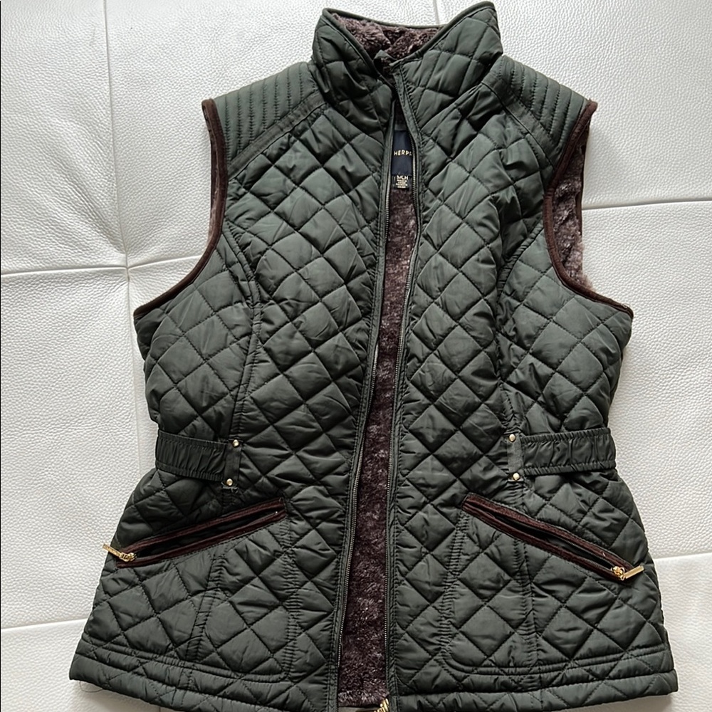 Green Quilted Outdoor Vest with Faux Leather Trim
